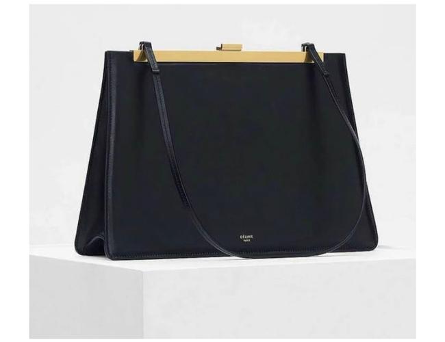 Celine Clasp With Gold Brass Hardware Black Leather Tote