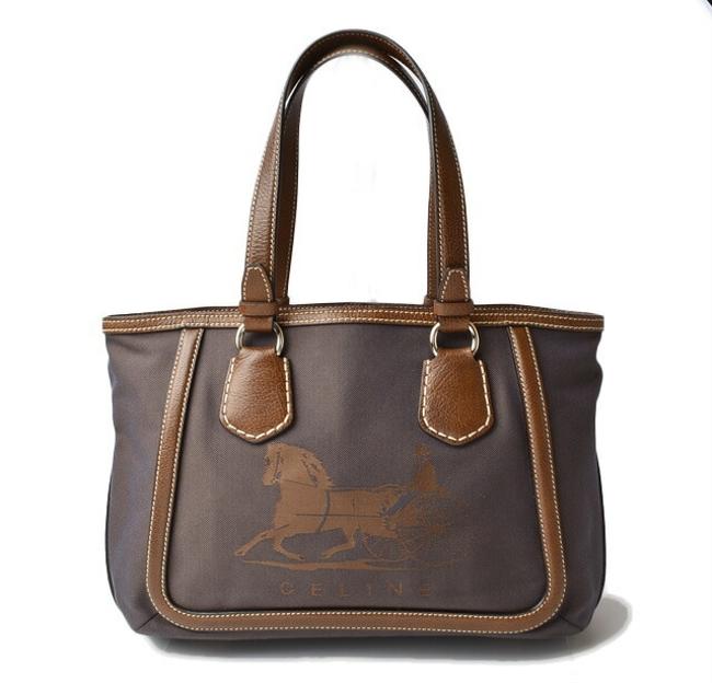 Celine Handbag Vintage Carriage Mark Old Leather Brown Canvas Shoulder Bag