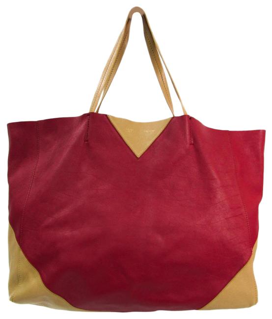 Celine Horizontal Cabas Bag Womens BeigeDark Red Leather Tote