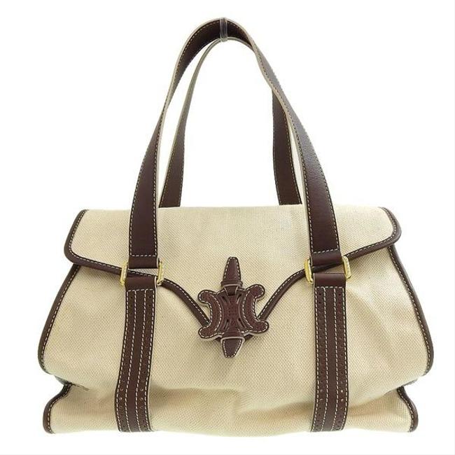 Celine Leather Dark BrownIvory Canvas Shoulder Bag