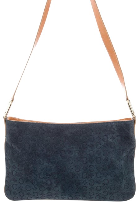 Celine Logo Embossed Blue Suede Leather Shoulder Bag