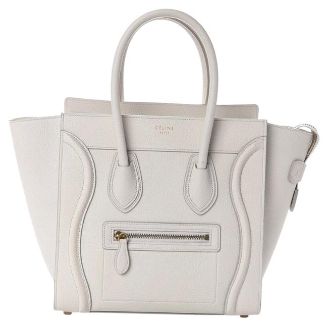 Celine Luggage Drummed Mini In Chalk Leather Tote