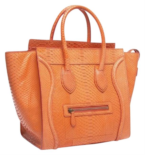 Celine Luggage In Orange Python Skin Leather Tote