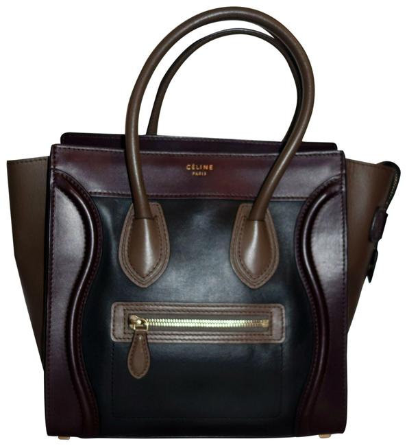 Celine Luggage Micro Colorblock BlackBurgundyOlive Leather Tote