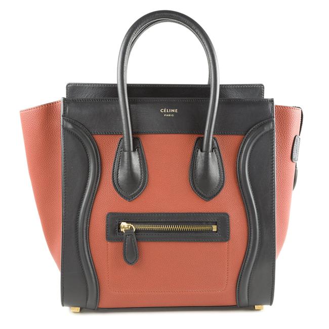 Celine Luggage Micro Handbag RustBlack Calfskin Leather Tote