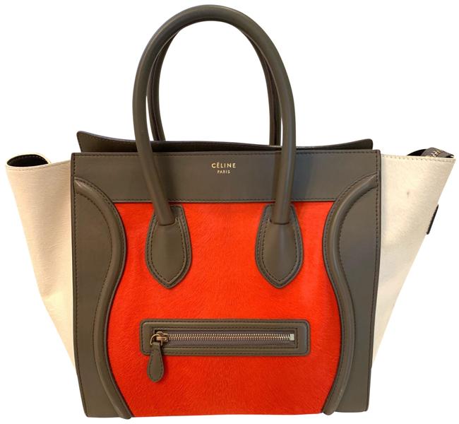 Celine Luggage Mini 3 Color Dark GrayRedWhite LeatherPony Hair Tote