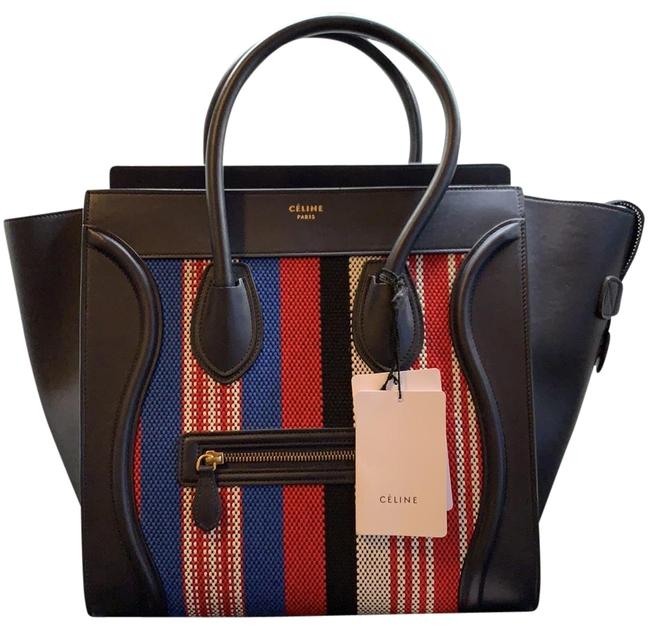 Celine Luggage Mini Cotton Woven Navy Blue Black White Red Leather Tote