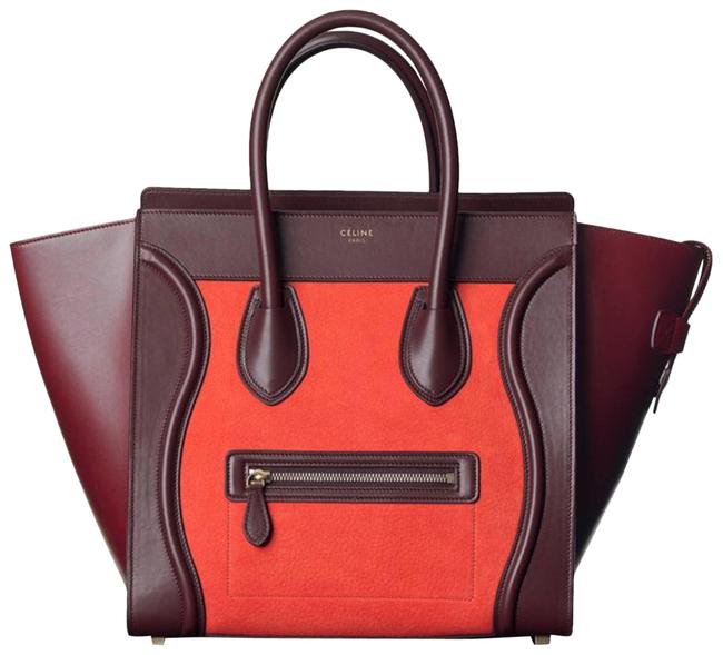 Celine Luggage Mini Nubuck Red Tricolor Vermillion Calfskin Tote