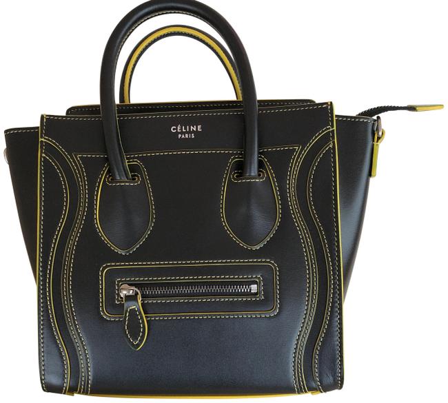 Celine Luggage Nano Shopper BlackYellow Calfskin Leather Tote