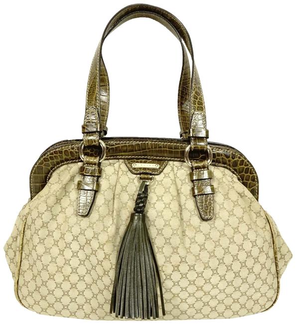 Celine Macadam Tassel Purse Handbag Beige Canvas Leather Shoulder Bag