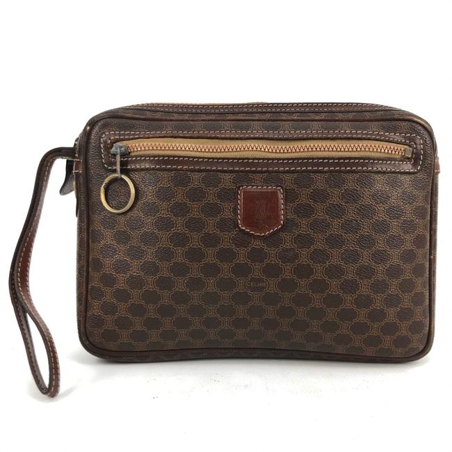 Celine Macadam W Womens Purse HandbagLogo Brown Canvas Wristlet