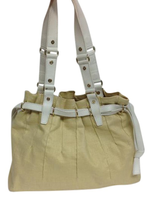 Celine Natural Drawstring with White Leather Trim Beige Linen Shoulder Bag