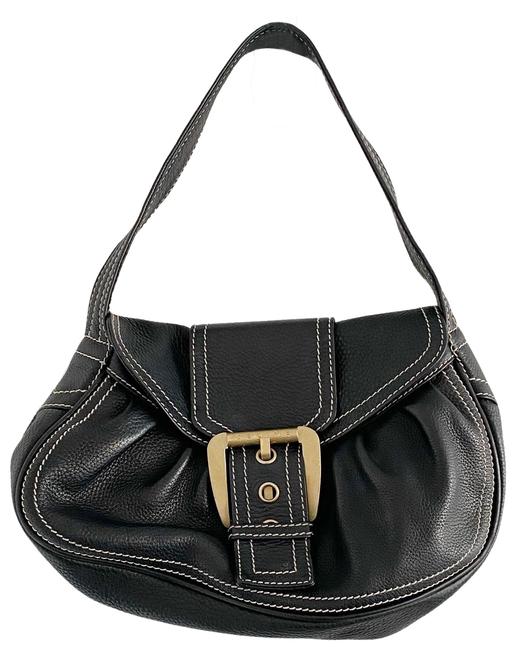 Celine Stitched Buckle Black Leather Shoulder Bag