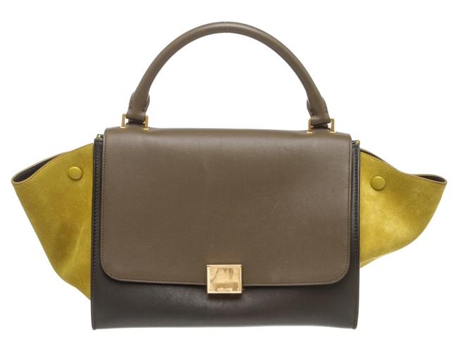 Celine Trapeze 497993 Taupe Tricolor and Suede Small Green Leather Tote