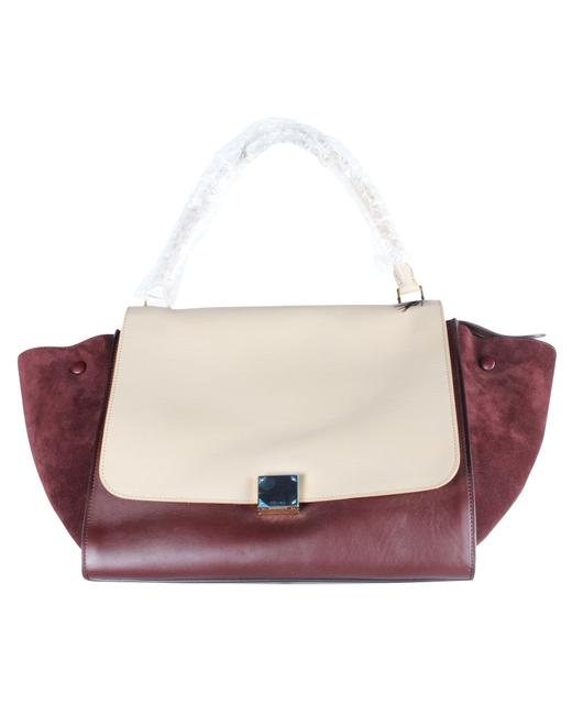 Celine Trapeze Beige RedBurgundy Calfskin Leather and Suede Tote