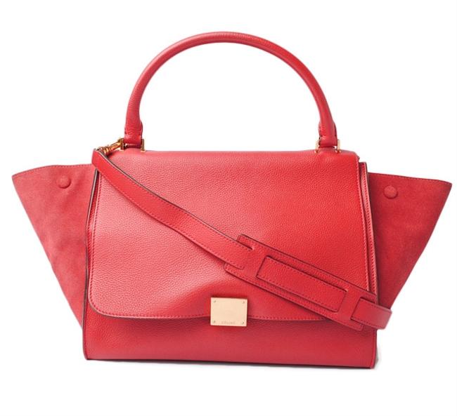 Celine Trapeze Handbag 169543 2way with Strap Red Suede Shoulder Bag