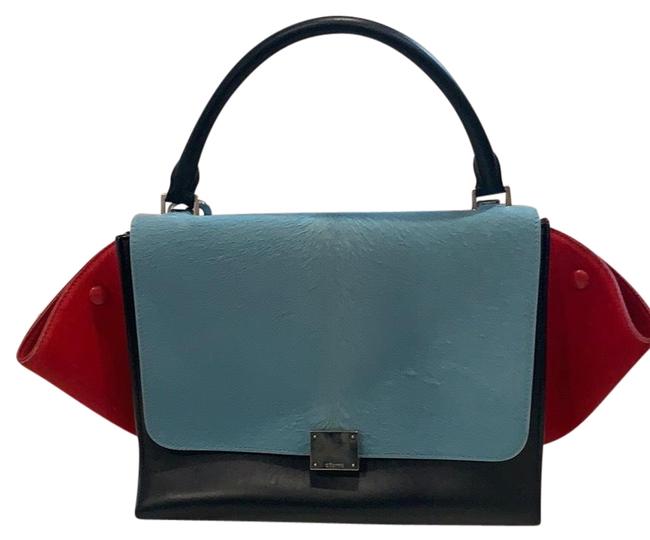 Celine Trapeze Tricolor Medium BlackBlueRed Ponyhair Leather Shoulder Bag