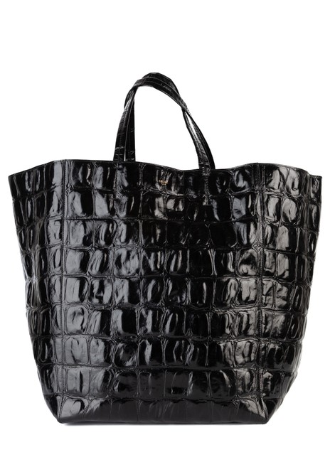 Celine Womens Crocodile Embossed Black Calfskin Leather Tote