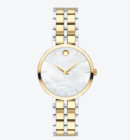 Movado Kora pale yellow gold watch with white dial, pale yellow gold accents and two toned stainless steel and pale yellow gold bracelet Replica 0607323