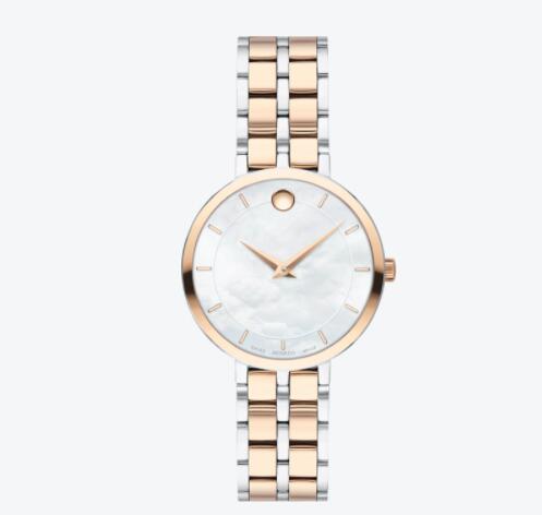 Movado Kora pale rose gold watch with white dial, pale rose gold accents and two toned stainless steel and pale rose gold bracelet Replica 0607324