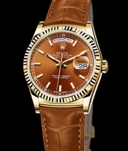 Rolex Watches Oyster Perpetual Day Date 118138 Yellow Gold Cognac Dial Alligator Bracelet