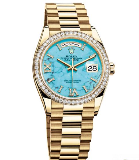 Fake Rolex Women Watch Day Date 36 Oyster Perpetual 128348RBR Yellow Gold Diamonds