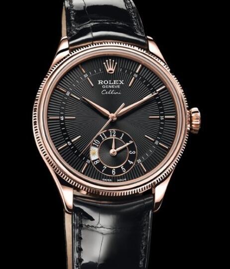 Rolex Cellini Watch Replica Cellini Dual Time 50525 Everose gold Black Dial Alligator Strap