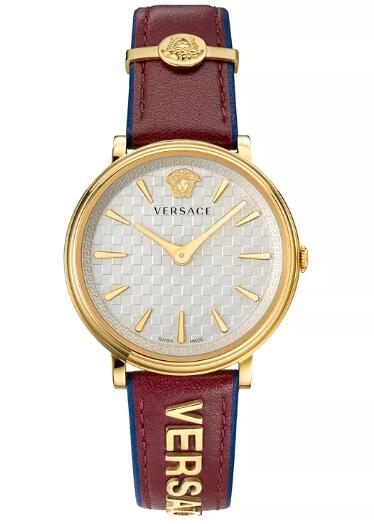 Cheap Versace Womens Swiss V Circle Logomania Red Calf Leather Strap Watch 38mm Replica
