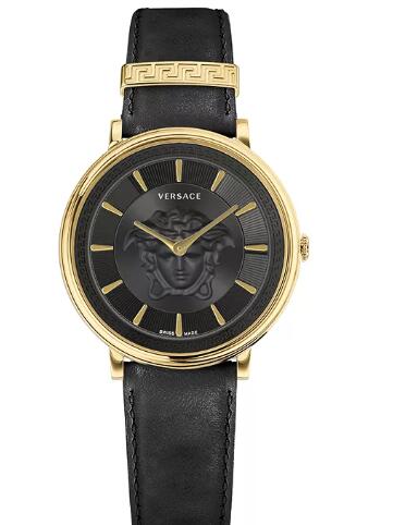Cheap Versace Womens Swiss V Circle Black Leather Strap Watch 38mm Replica