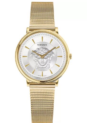 Cheap Versace Womens Swiss V Circle Gold Ion Plated Stainless Steel Mesh Bracelet Watch 38mm Replica