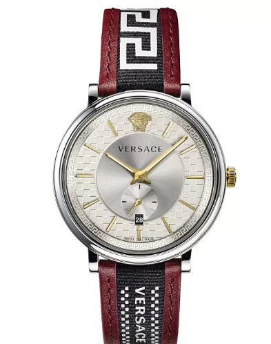 Cheap Versace Mens Swiss V Circle Greca Edition Burgundy Leather Strap Watch 42mm Replica