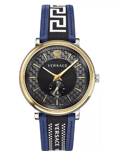 Cheap Versace Mens Swiss V Circle Greca Edition Blue Leather Strap Watch 42mm Replica