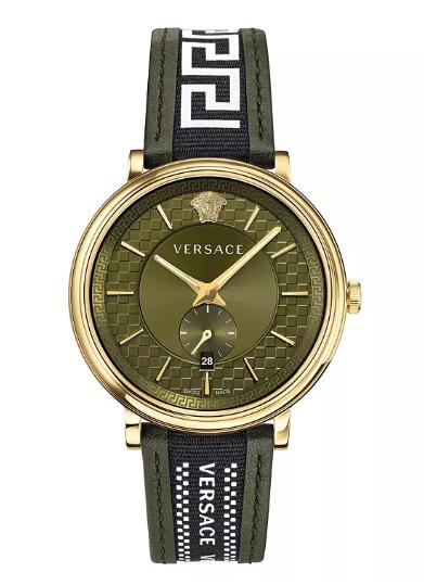 Cheap Versace Mens Swiss V Circle Greca Edition Green Leather Strap Watch 42mm Replica