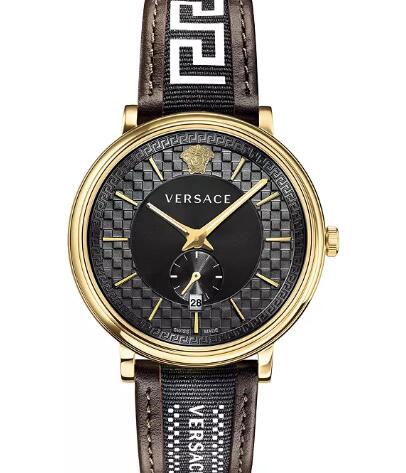 Cheap Versace Mens Swiss V Circle Greca Edition Brown Leather Strap Watch 42mm Replica