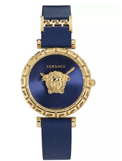 Cheap Versace Womens Swiss Palazzo Empire Greca Blue Leather Strap Watch 37mm Replica