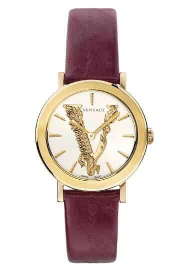 Cheap Versace Womens Swiss Virtus Burgundy Leather Strap Watch 36mm Replica