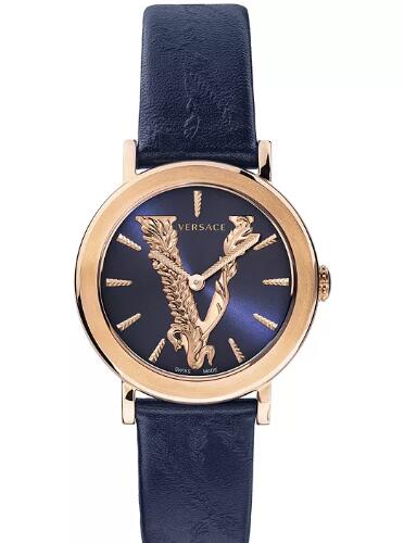 Cheap Versace Womens Swiss Virtus Blue Leather Strap Watch 36mm Replica