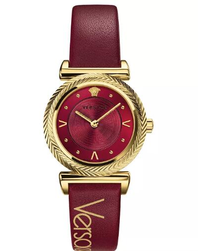Cheap Versace Womens Swiss V Motif Vintage Logo Red Leather Strap Watch 35mm Replica