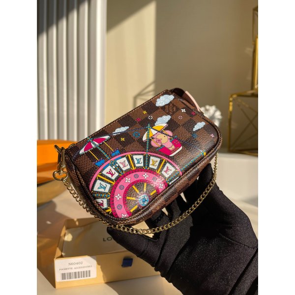 Louis Vuitton Mini Pochette Accessoires Damier Ebene N60402 Pink Brown Replica Handbags Louis Vuitton Pochette