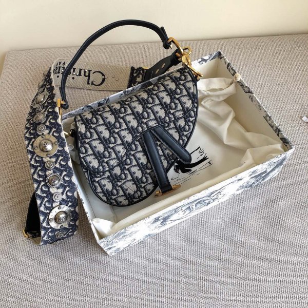 Replica Christian Dior Saddle Bag Grained Blue Oblique Jacquard Replica Handbags Dior Saddle