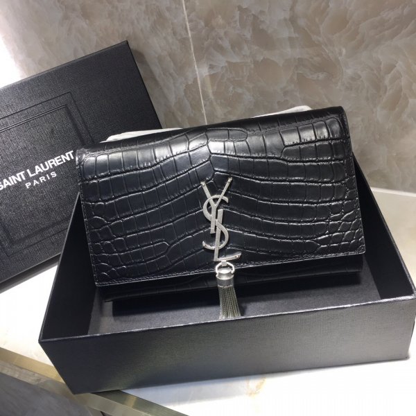 YSL Cheap Saint Laurent Crocodile pattern 24cm Black Bag Replica Handbags YSL Shoulder