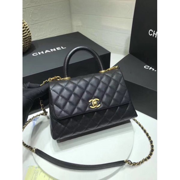 Best CC Small Flap Bag A92990 Black Top Handle Grained Calfskin Replica Handbags Ch 