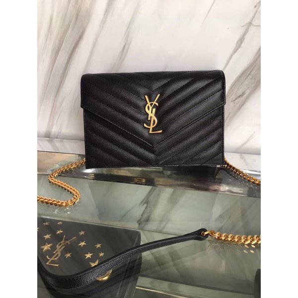 YSL Cheap Monogram chain 19cm black grain de poudre embossed Replica Handbags YSL Shoulder