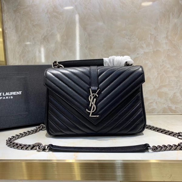 Luxury Replica YSL 5860057 24 cm Silver chain Black bag Replica Handbags YSL Shoulder