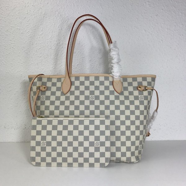Louis Vuitton Top Quality Neverfull MM white check beige Replica Handbags Louis Vuitton Shopping bagNeverfull