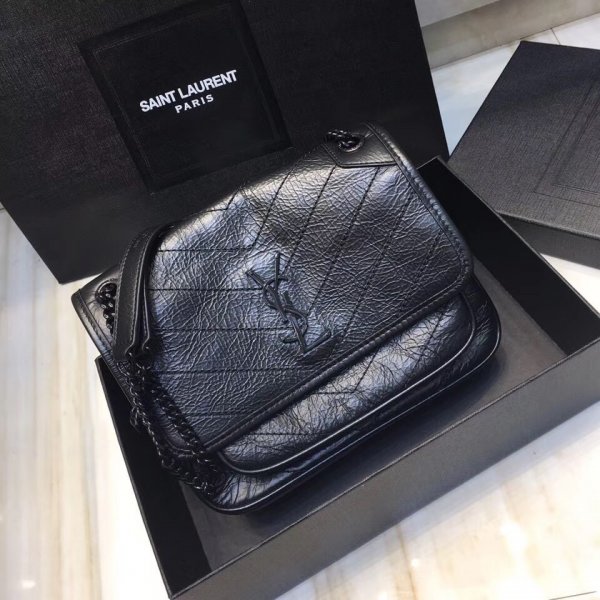 YSL Replica Niki 22cm crinkled vintage black leather Replica Handbags YSL Shoulder