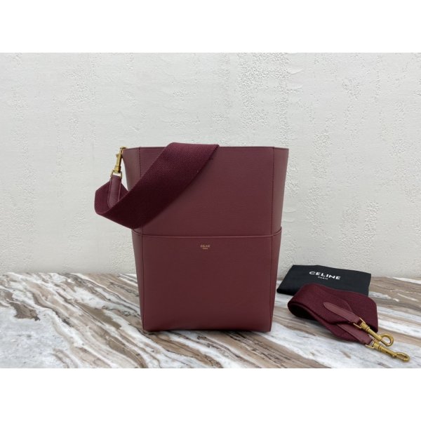 Womens Sangle bucket Replica Celine bag Wine red grained calfskin Replica Handbags Celine Sangle