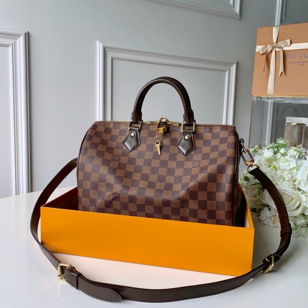 AAA+ Louis Vuitton Replica Speedy Bandouliere 25 30 35 Damier Ebene in Marron Replica Handbags Louis Vuitton SpeedyTwist