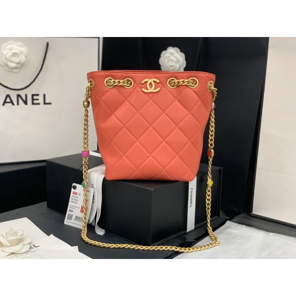 CC Wholesale Red Quilted Lambskin Leather Drawstring Chain Replica Handbags Ch 