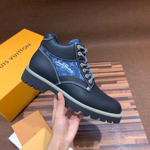 Replica LV Black Leather Monogram Denium Men Shoes